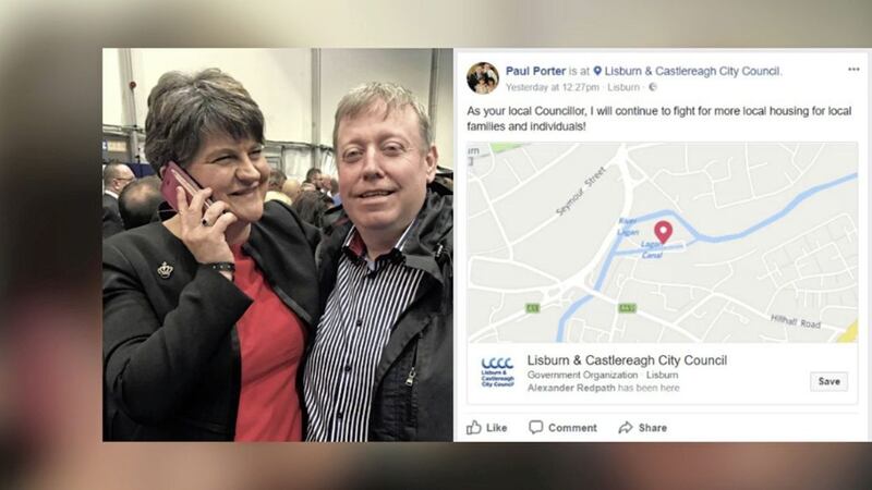 DUP Lisburn councillor Paul Porter, pictured with party leader Arlene Foster, posted the comments on Facebook 