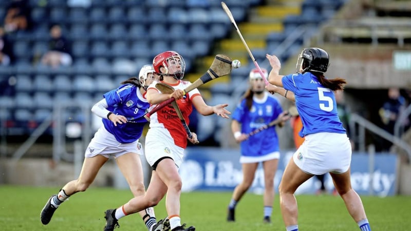 Armagh&rsquo;s Leanne Donnelly and Erinn Gilligan of Cavan in action during the All-Ireland Premier Junior Camogie Championship final at Kingspan Breffni Park, Co. Cavan on Saturday December 5 2020. Picture by Inpho/Ryan Byrne. 