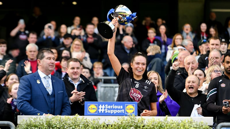Kildare captain Grace Clifford hoists aloft the trophy after her side’s win over Tyrone yesterday. Picture: Sportsfile