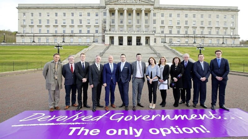 Members of various business and civic groups at Stormont yesterday, where they delivered an open letter to politicians engaged in talks on forming an Executive 
