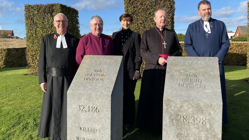 The leaders of the four main Irish churches pictured at the Island of Ireland Peace Park in Messines, Belgium, with Irish education minister, Norma Foley (centre).