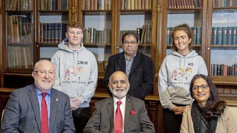 Prof Peter Finn, Lord Diljit Rana and Dr Anuradha Verma (front) Conor McManus, Sameer Seth and Katie Sweeney (back) 