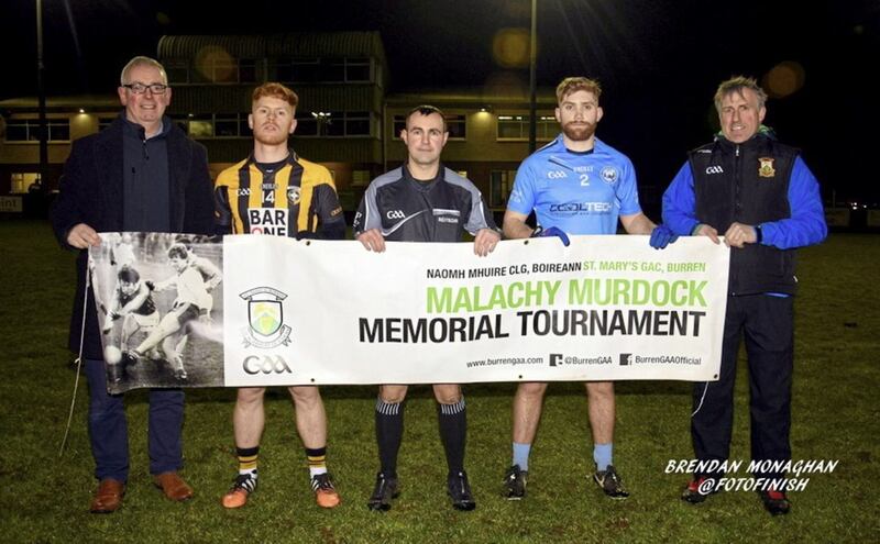 Pictured at the launch of the Malachy Murdock Tournament - run by St Mary&rsquo;s, Burren &ndash; are, from left, Dan Doyle (Murdock Builders Merchants), Kyle Carragher (Crossmaglen), Darren O&rsquo;Hare (referee), Cormac Linden (Mayobridge) and Brendan McKernan (Burren). Picture by Brendan Monaghan