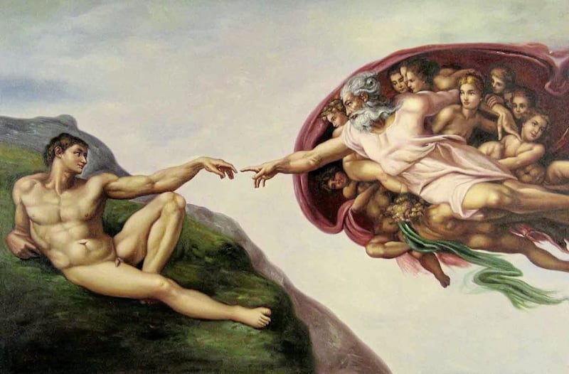 Michelangelo&#39;s The Creation of Adam, which forms part of the Sistine Chapel&#39;s ceiling, shows the hands of God and Adam, the first man, almost touching. It is widely regarded as one of the most profound pieces of religious art. 