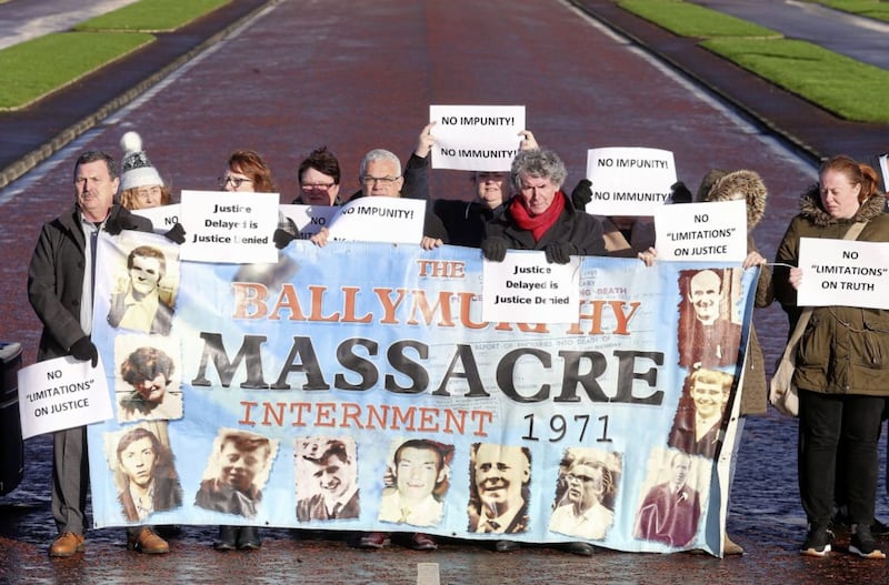Families and friends of Ballymurphy, McGurk&#39;s Bar and Loughinisland Massacres take place hold a rally outside Stormont 