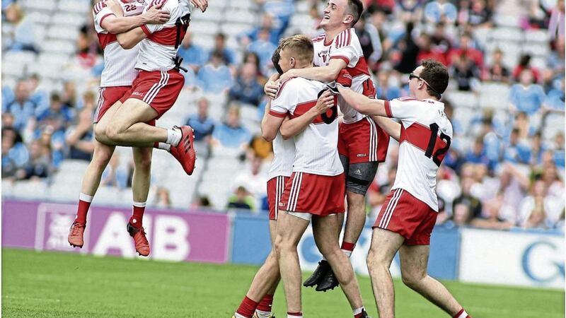 Jubilant Derry players jump for joy on the final whistle Picture by Hugh Russell