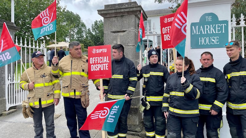 Retained firefighters in the SIPTU union protesting outside Market House in Dunleer. Co Louth ahead of a visit by the Taoiseach Leo Varadkar. Picture date: Friday August 4, 2023.