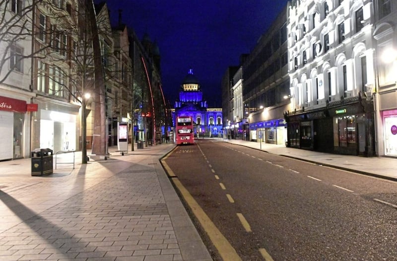 Belfast city cente was virtually deserted on Saturday night on what would normally be the busiest evening of the week following the enforced closure of bars, clubs, cinemas, restaurants and theatres 