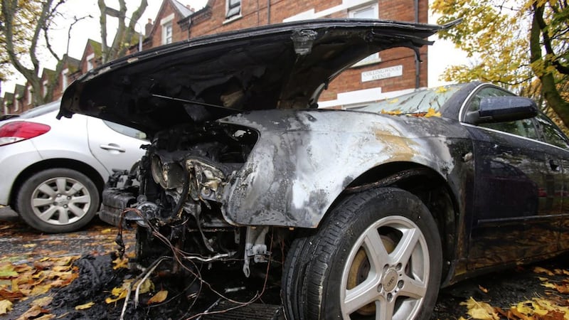 A car burnt out at Collingwood Avenue in the Holylands area of south Belfast. Picture by Mal McCann 