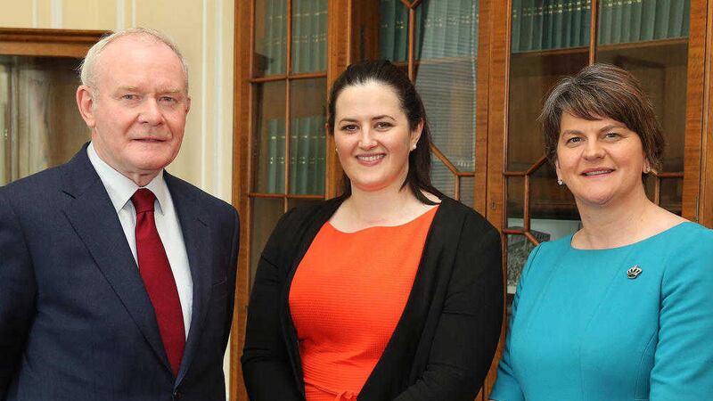 First Minister Arlene Foster and Deputy First Minister Martin McGuinness with new Justice Minister Claire Sugden at Parliament Buildings. Picture by Kelvin Boyes/Press Eye 