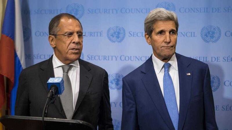 Russia's Foreign Minister Sergey Lavrov, left, speaks during a news conference next to US Secretary of State John Kerry at the UN. Picture by Craig Ruttle/AP