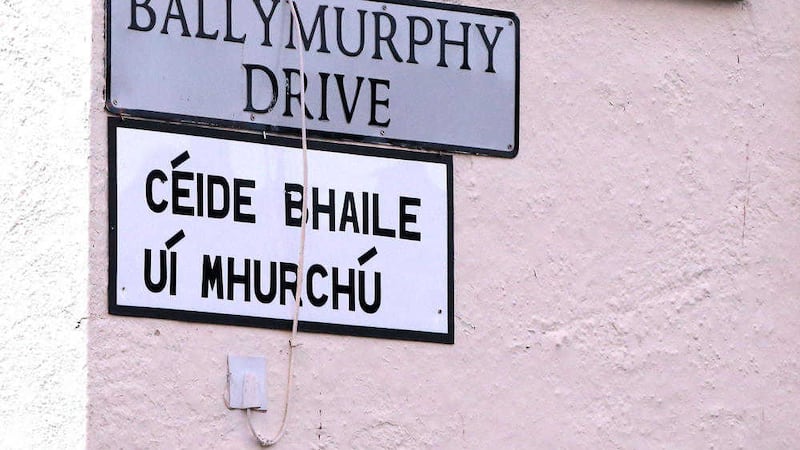 The Irish language street sign erected by residents in Ballymurphy Drive in west Belfast. Picture by Declan Roughan 