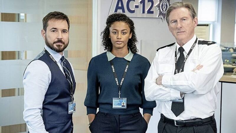 DI Steve Arnott, DC Chloe Bishop and Superintendent Ted Hastings in Line of Duty. Picture by Steffan Hill/ BBC 