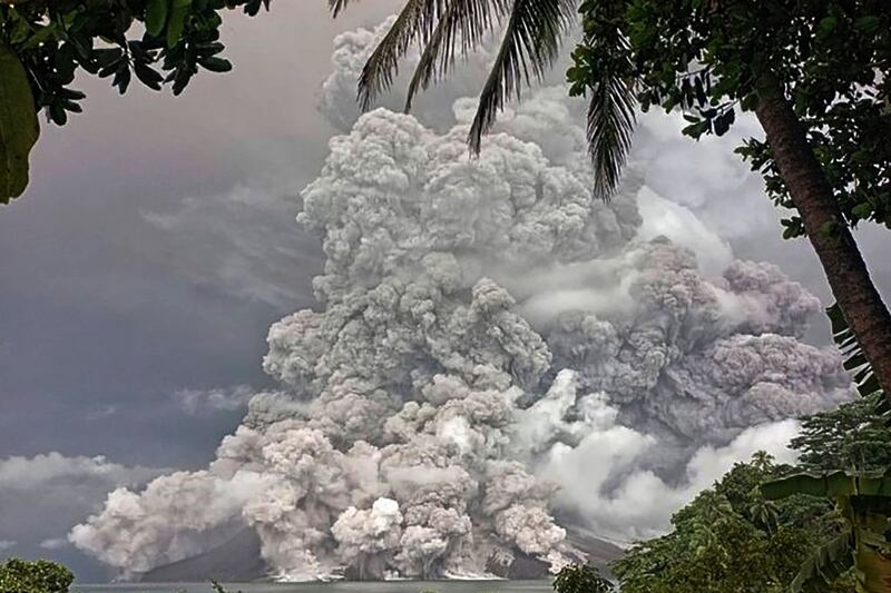 Tuesday’s eruption of Mount Ruang was the second in two weeks (Vulcanology and Geological Disaster Mitigation Centre/AP)