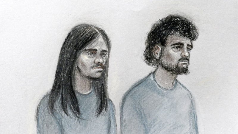 Court artist sketch of Naa&#39;imur Zakariyah Rahman, left, and Mohammed Aqib Imran in the dock at Westminster Magistrates Court, London PICTURE: Elizabeth Cook/PA 