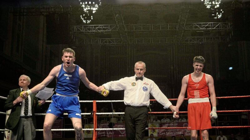 Monkstown light-welterweight Daryl Clarke jumps for joy after defeating Jack McGivern in the Ulster Elite final last month. Picture by Mark Marlow 