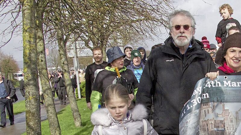 On the Chieftain&#39;s Walk in Derry last year, former Sinn F&eacute;in president Gerry Adams with Bernie McGuinness and her daughters Grainne and Fionnuala. Picture by Margaret McLaughlin 