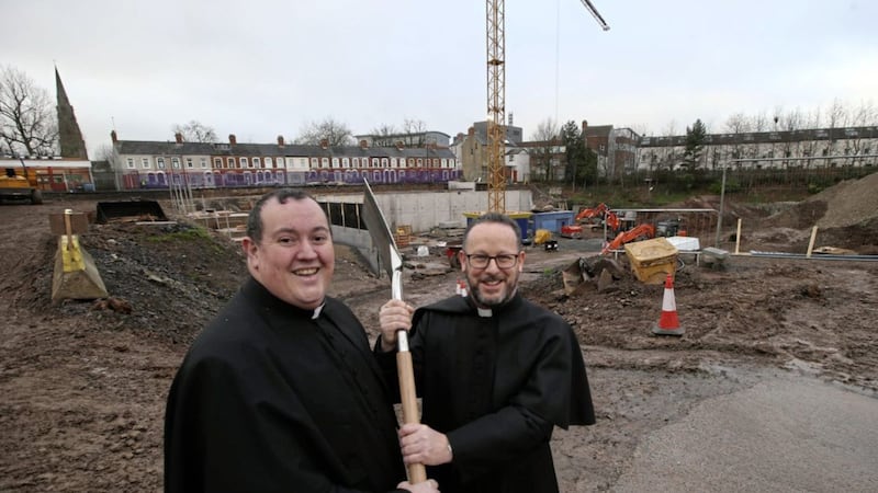 Fr Anthony McAleese (left) and Fr Eugene O'Neill on the site of the new St Patrick's Primary School in north Belfast. Picture by Hugh Russell