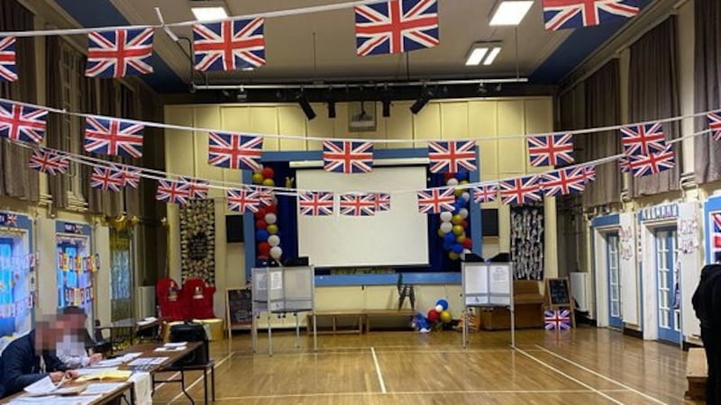 Blythefield Primary School polling station in south Belfast bedecked with Union flag bunting 