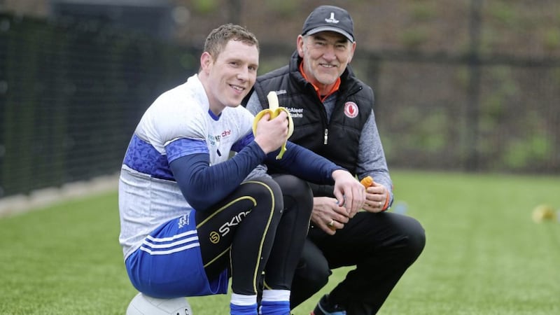 Mickey Harte and John McAreavey during the Marathon GAA game in Co Tyrone&nbsp;