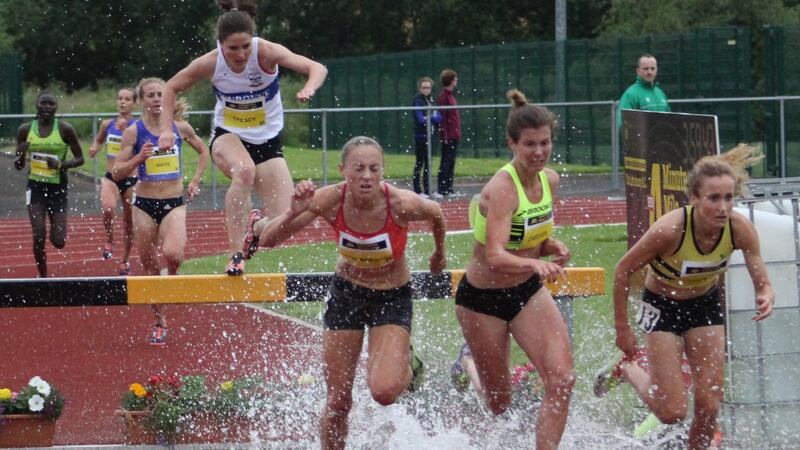 Jamie Cheever (centre) leads over the last water jump from Newcastle&rsquo;s Kerry O&rsquo;Flaherty (left) and Cork&rsquo;s Michele Finn (right) at Sunday&rsquo;s Letterkenny AC Sub 4 Challenge&nbsp;&nbsp;