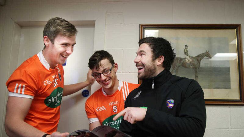 Ciaron O'Hanlon, Aidan Forker and Ethan Rafferty at Down Royal Racecourse for the launch of Armagh's GAA Day at the Races at Down Royal on Monday, May 2