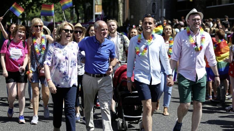 Former president Mary McAleese, with her husband Martin (second left) and her son Justin (second right) and his husband Fionan (right) during the Pride Parade in Dublin. Picture by Brian Lawless, Press Association