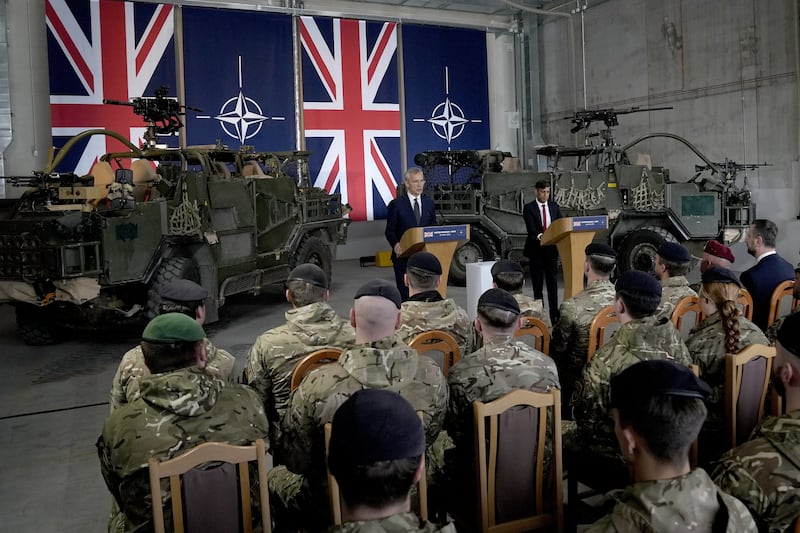 Prime Minister Rishi Sunak appeared alongside Nato’s Jens Stoltenberg to make the spending commitment at a military base in Warsaw