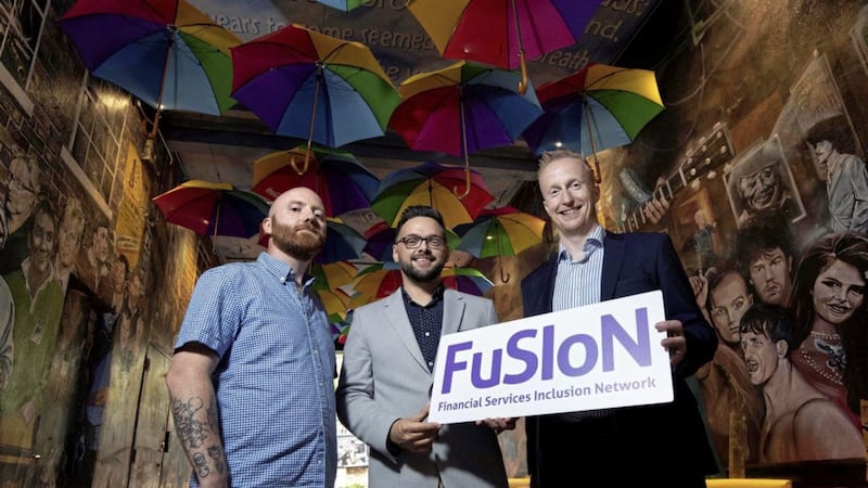 Pictured at the launch of FuSIoN for Northern Ireland are: John O&rsquo;Doherty, The Rainbow Project; Gregory Mallon, FuSIoN NI and Lloyds Bank; and Niall Devlin, Bank of Ireland UK. 