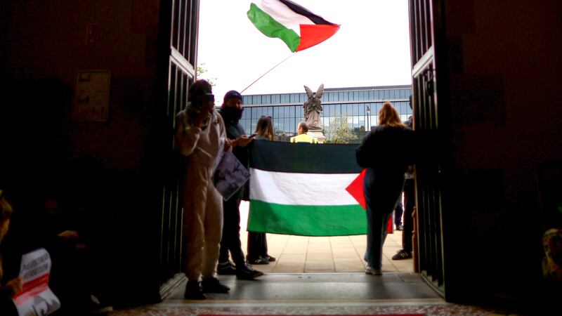 Protesters at Queen’s University in Belfast on Tuesday in support of Palestine.
PIC COLM LENAGHAN