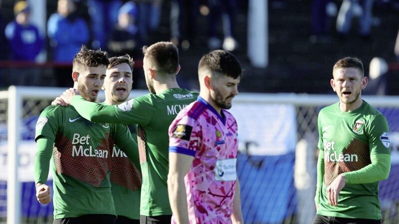 Darren King (foreground) disappointed after Glentoran took the lead in their Irish Cup quarter-final. The Glens were later ejected from the competition after playing an ineligible player 