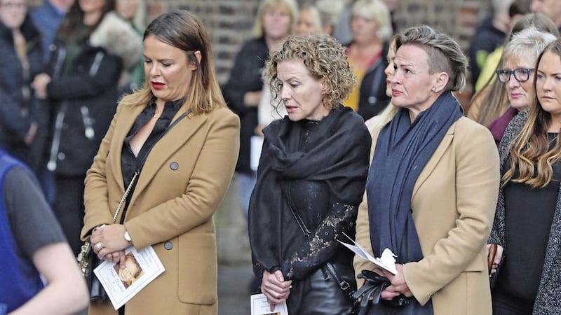 Fiona Donohoe (centre), at the funeral of her only son 14-year-old Noah Donohoe. Picture by Niall Carson/PA Wire. 