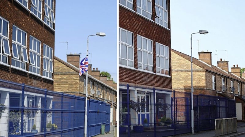 Before and after: The union flag outside St Joseph&#39;s Primary School in east Belfast on Wednesday, and right, the same scene yesterday 