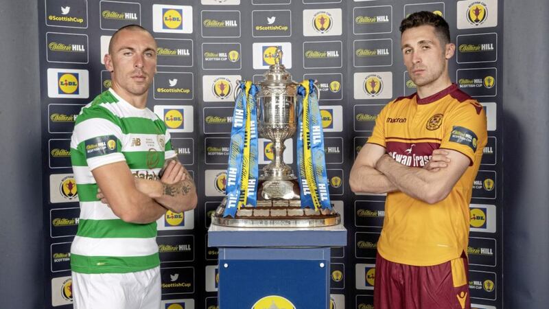 Celtic&#39;s Scott Brown (left) and Motherwell&#39;s Carl McHugh during the preview day ahead of the William Hill Scottish Cup Final at Hampden Park, Glasgow 