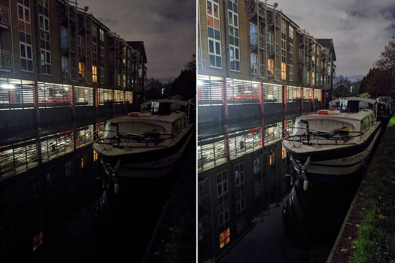 Comparison shots of Pixel 4 XL's Night Sight option off and on