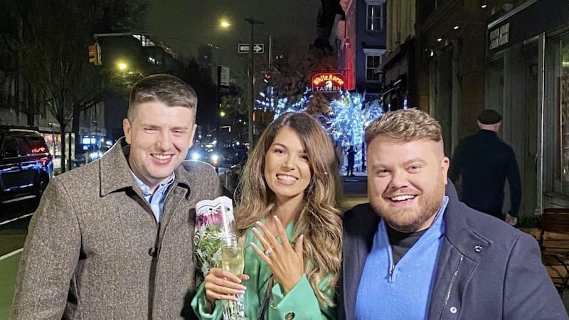 Oisin Daly and his new fianc&eacute;e Danielle Renaghan pictured with CNN correspondent Donie O&#39;Sullivan in New York on New Year&#39;s Eve. Picture: Donie O&#39;Sullivan 