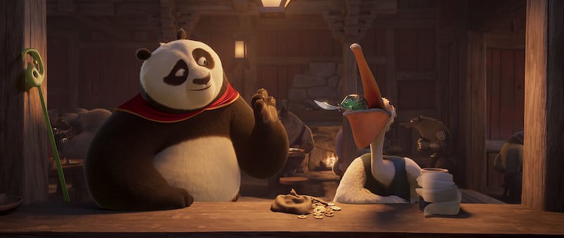 Po (Jack Black) and Fish (Ronny Chieng) in Kung Fu Panda 4