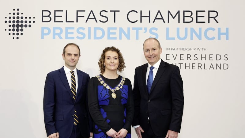 Belfast Chamber president Alana Coyle with T&aacute;naiste Miche&aacute;l Martin and Matthew Howse, partner at Eversheds Sutherland Belfast, which sponsored the lunch 