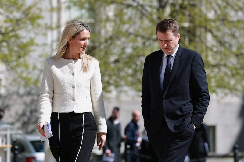 Justice Minister Helen McEntee and Minister James Browne spoke outside Government Buildings in Dublin