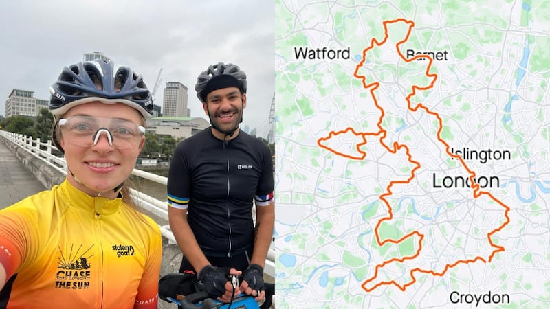 Victoria Gudyma (left) and Tom Hashemi as they cycled around London in the shape of the UK and (right) their route (Victoria Gudyma/Strava/PA)