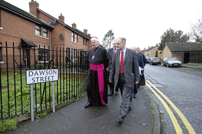 Minister for Education Peter Weir and Bishop Noel Treanor on their way to the site of the new St Patrick's Primary School in North Belfast. Picture by Hugh Russell