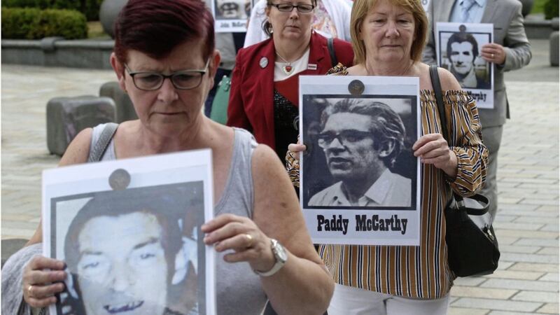 Families of the Ballymurphy Massacre protest outside the inquest in Belfast Picture: Hugh Russell 