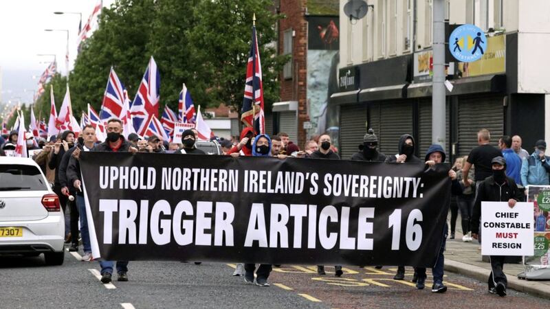 Loyalists during a rally against the Northern Ireland Protocol in Newtownards Road, Belfast in September. Photo: Peter Morrison/PA Wire. 