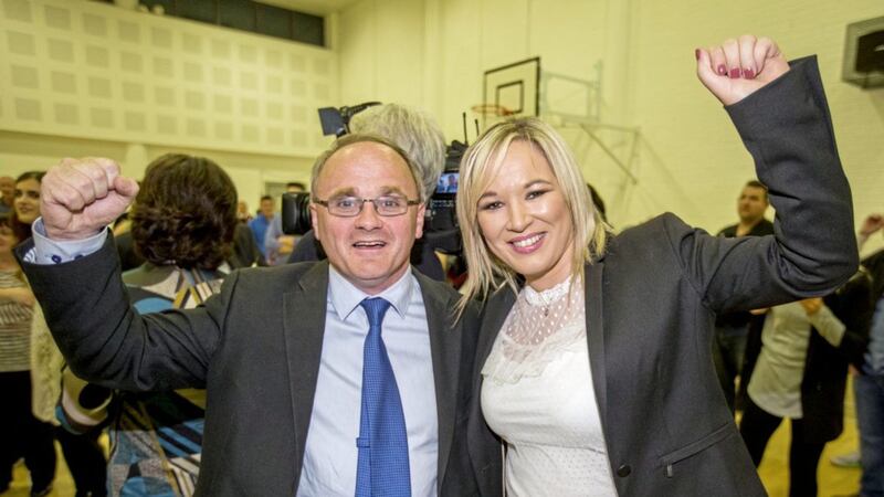 Barry McElduff with Sinn F&eacute;in&#39;s northern leader Michelle O&#39;Neill after he was elected MP for West Tyrone in June. Picture by Liam McBurney, Press Association 