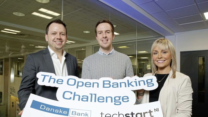S&oslash;ren Rode Andreasen, chief digital officer at Danske Bank; LoyalBe&rsquo;s founder, Cormac Quinn and Kathleen Garrett, grant manager at Techstart NI 