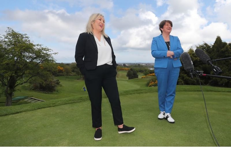 &nbsp;Northern Ireland First Minister Arlene Foster (right) and Deputy First Minister Michelle O'Neill at the launch of the PGA Europro Tour event at Clandeboye Golf Club