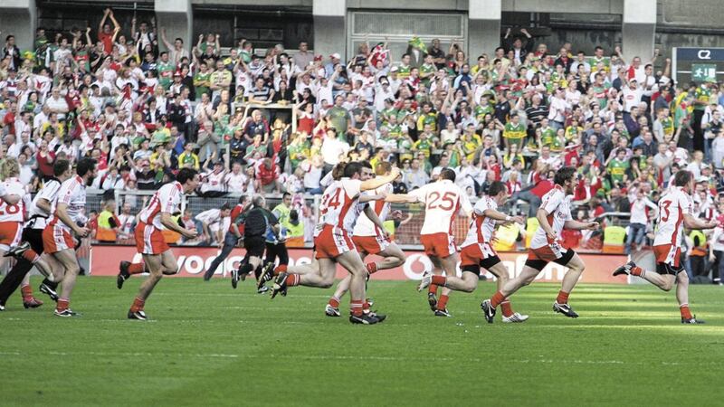 Tyrone players celebrate after their win against Kerry in the All-Ireland final at Croke Park in 2008 