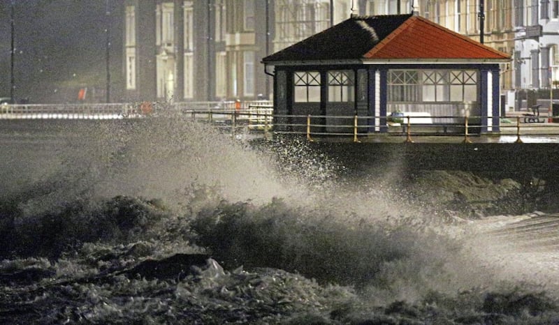 Waves crash against the sea wall in Aberystwyth in west Wales as Storm Eleanor hits the UK causing power cuts and road disruption. PRESS ASSOCIATION Photo. Picture date: Wednesday January 3, 2018. See PA story WEATHER Gales. Photo credit should read: Aaron Chown/PA Wire  