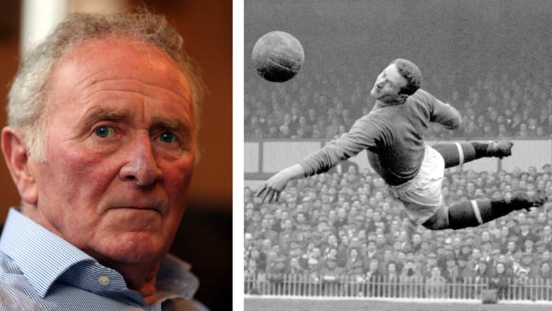 Harry Gregg, pictured left in 2008 and in action for Manchester United in 1958&nbsp;