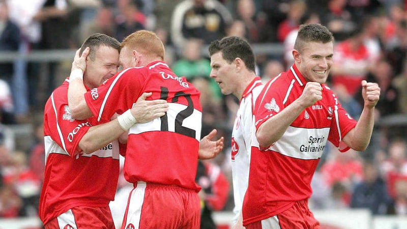 Derry's Paddy Bradley, Fergal Doherty and Mark Lynch celebrate at the final whistle after beating Tyrone at Healy Park in 2006 <br />Picture by Margaret McLaughlin